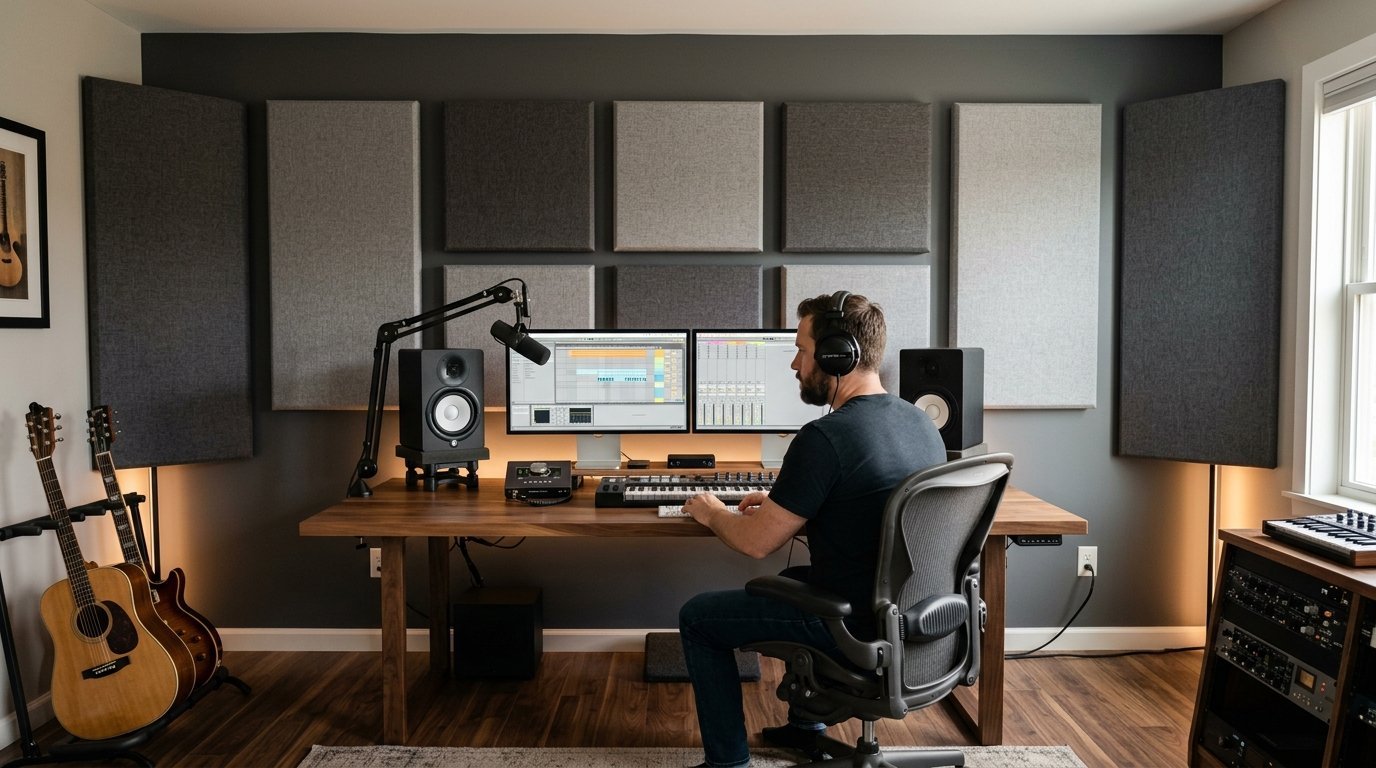 Man with headphones producing music on a computer in a room with acoustic wall panels and two guitars.