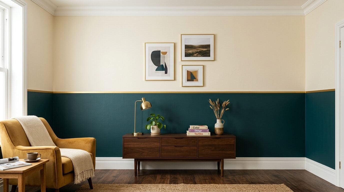 Mustard armchair sits beside a dark green wall featuring a gold stripe, wooden sideboard, and framed wall art.