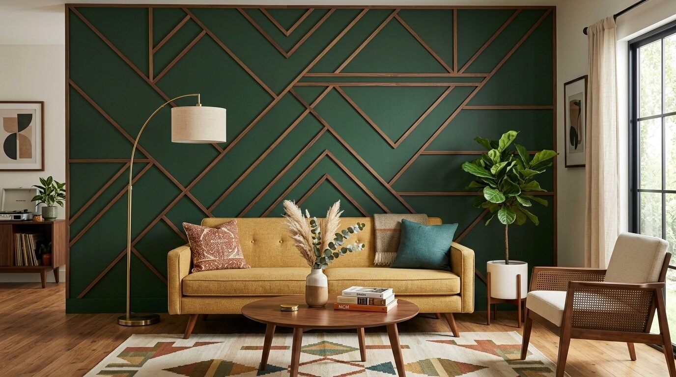 A mid-century living room with a yellow couch, round coffee table, and a dark green wall featuring wood trim designs.