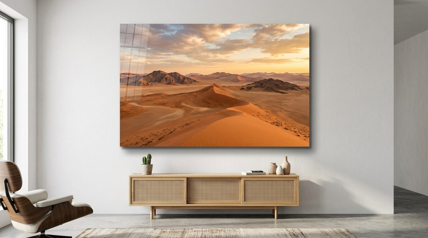 Wall art showing a vast desert landscape with orange sand dunes and distant mountains under a soft sunset sky.