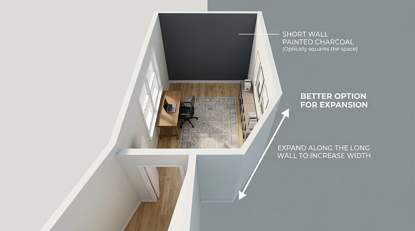Aerial view of a long, narrow home office featuring a charcoal accent wall and expansion arrows.