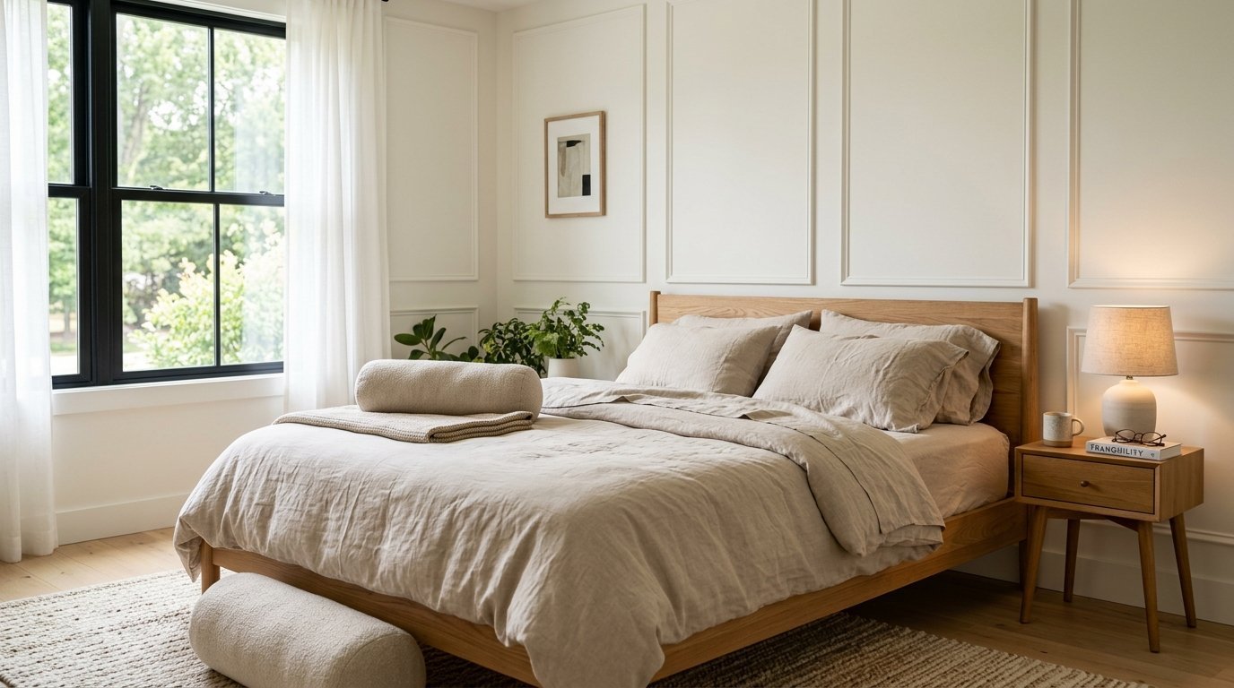 A serene bedroom with white paneled walls, oak furniture, and a beige linen duvet by a black-framed window.