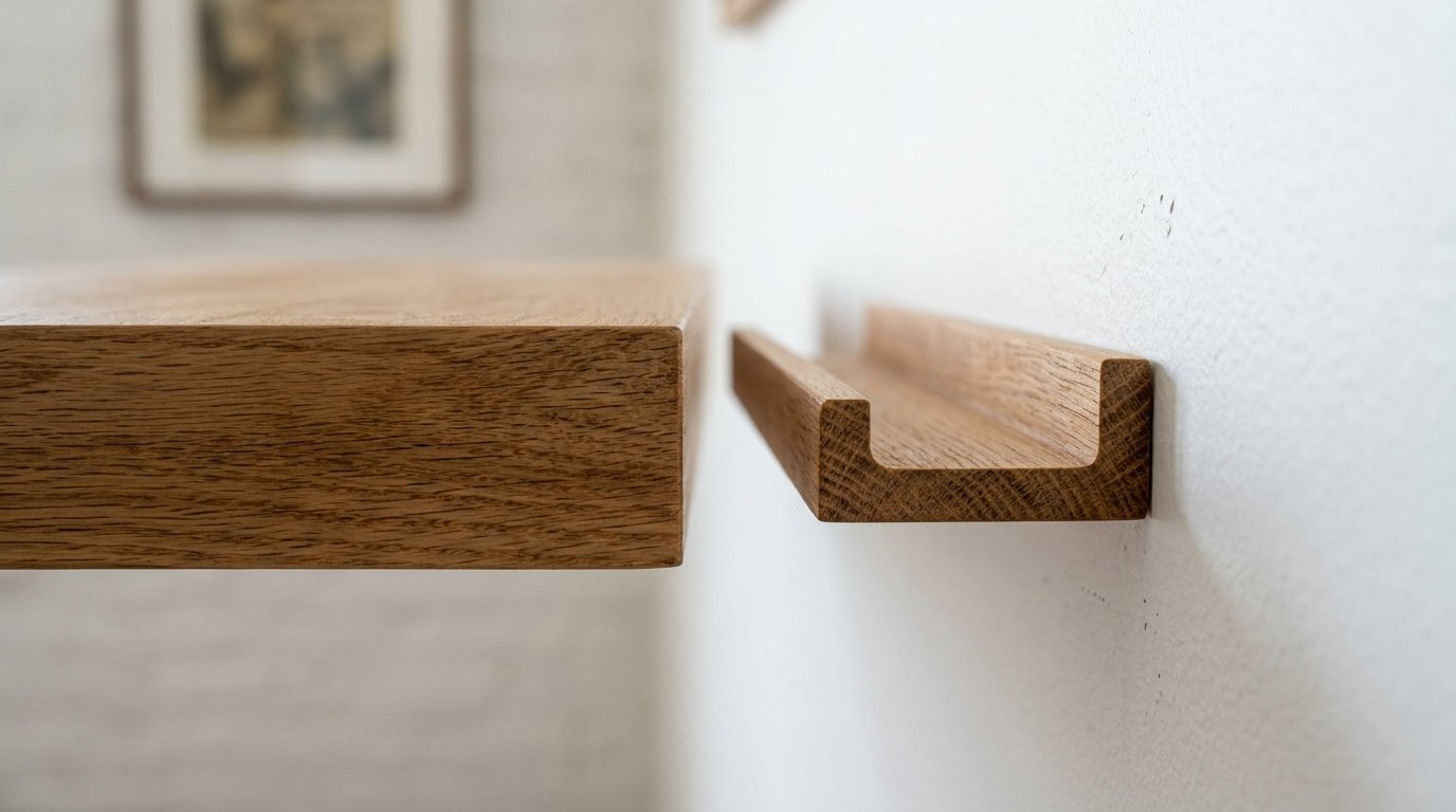 Close up profile view of two light brown wood floating shelf ledges attached to a plain white interior wall.