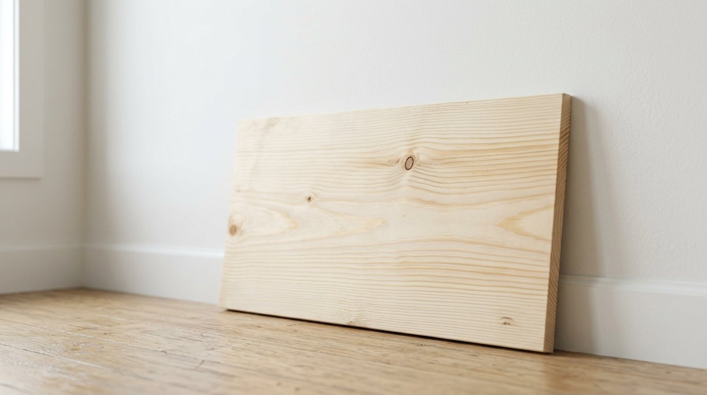 Unfinished rectangular light wood board resting on a hardwood floor next to a white baseboard.
