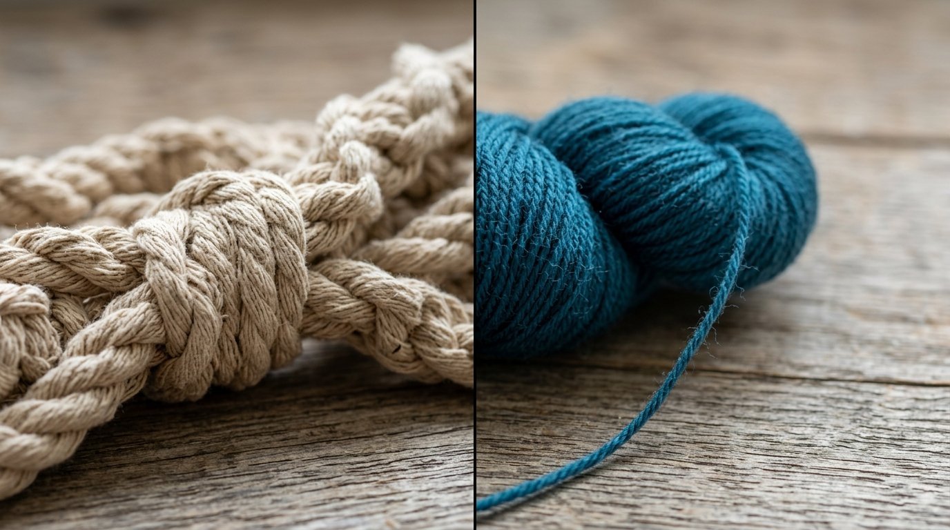 Split screen image showing a coil of off-white rope on the left and a skein of blue yarn on the right.