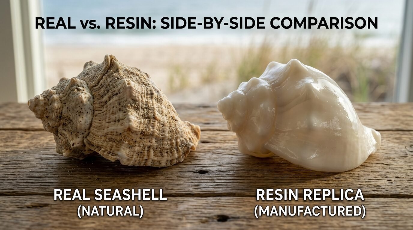 Text-labeled image showing a rough, authentic seashell next to a smooth, glossy resin replica on a wooden surface.