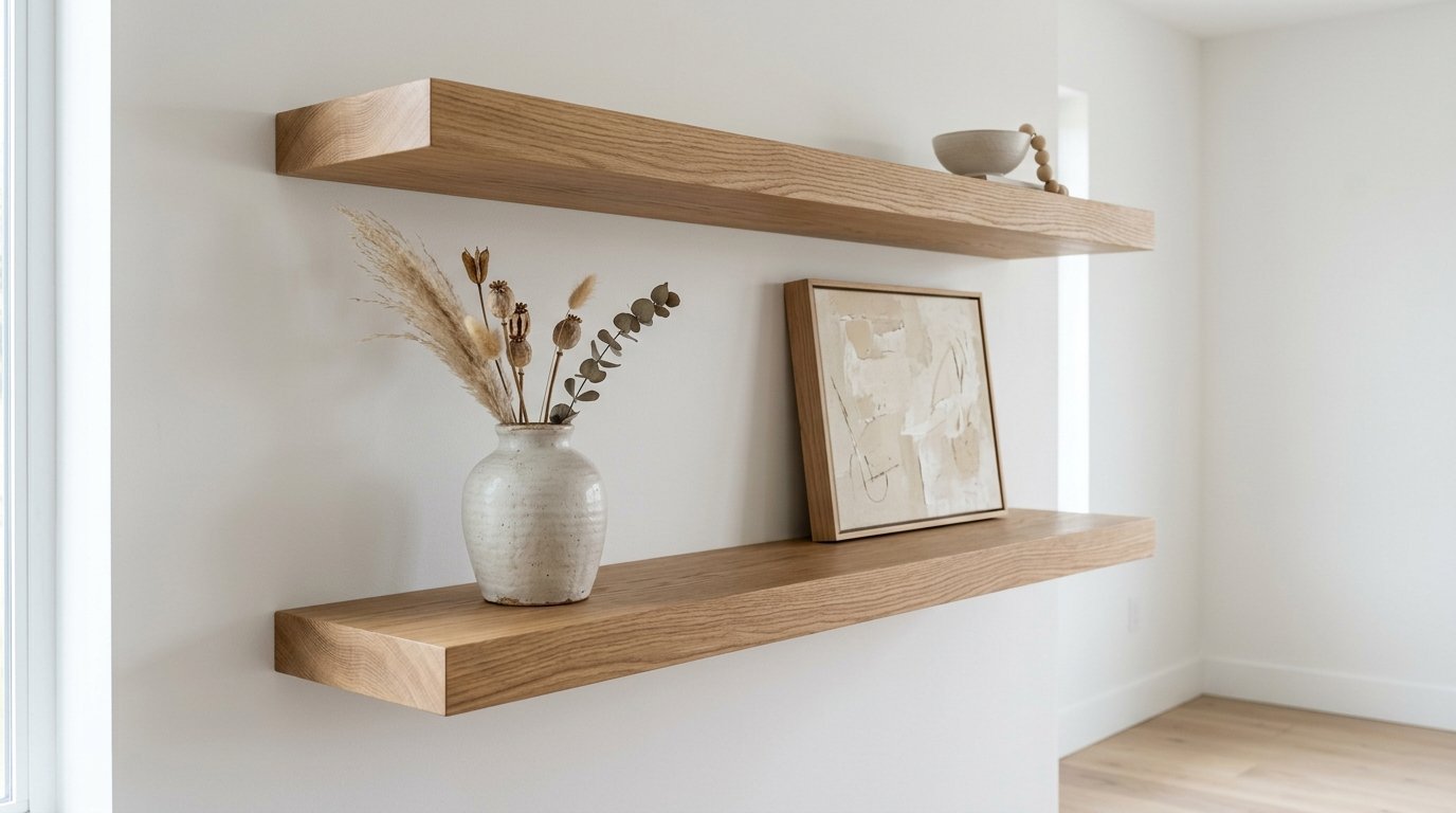 Two thick oak floating shelves on a white wall holding a ceramic vase with dried stems and a framed abstract painting.