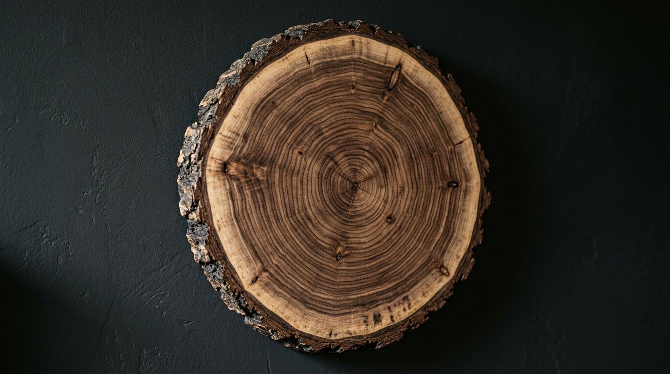 Close up of a round wood cross section with tree rings and bark edges mounted on a dark textured background.