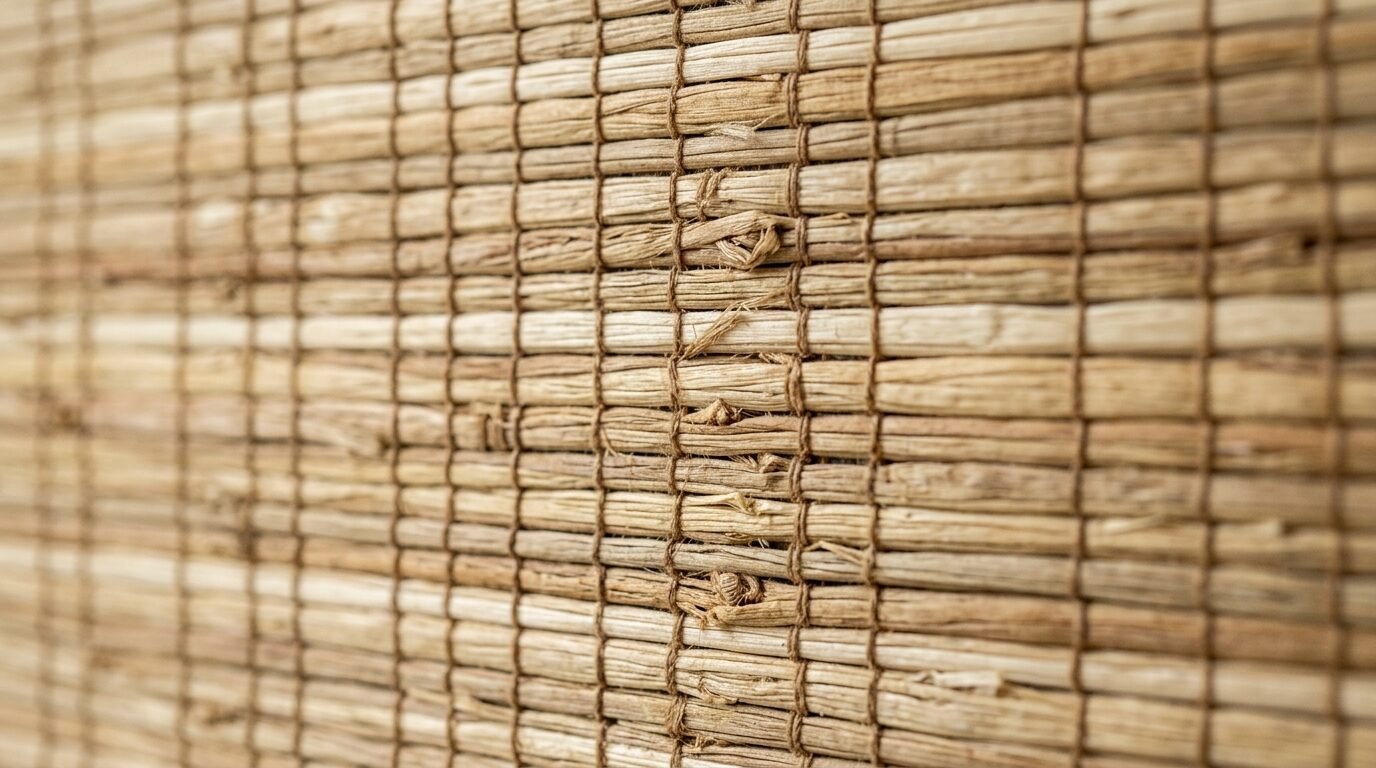 Detailed pattern of woven light brown grass fibers held together by thin vertical threads.
