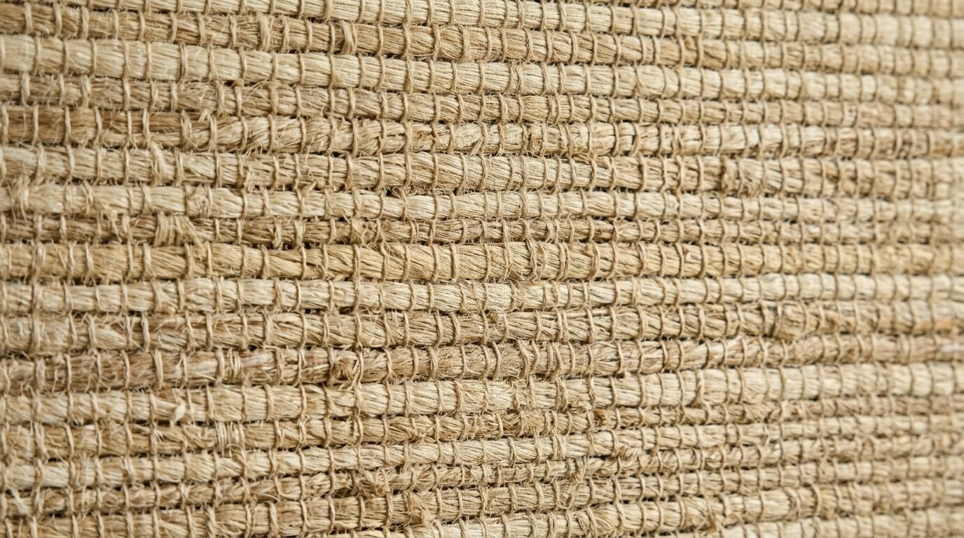 Detailed perspective of a tan, coarsely woven jute carpet with visible threading and organic texture.