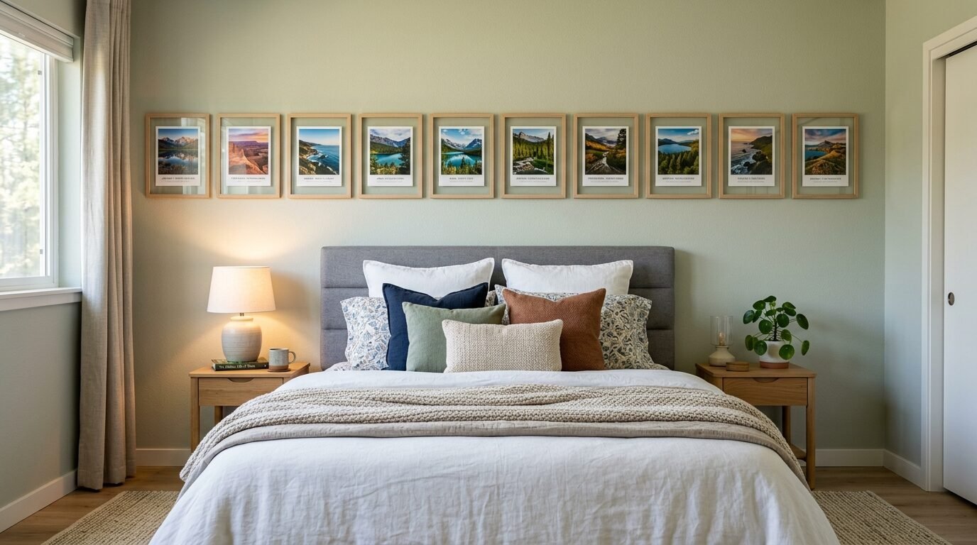 A bed with layered pillows and a row of ten framed nature prints hung on a sage green wall.