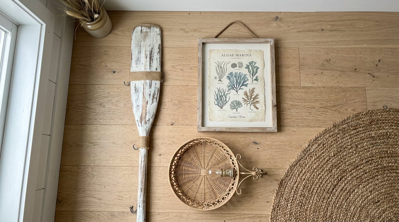A distressed wooden oar, an algae print in a wooden frame, and a woven rattan bowl placed on light wood floorboards.