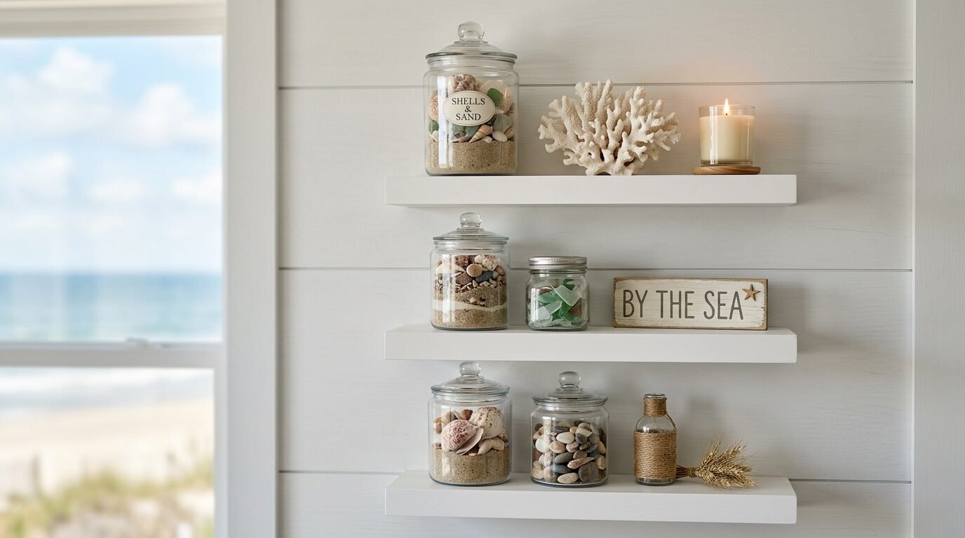 Floating shelves featuring beachy glass jars filled with sand, seashells, sea glass, and a sign reading By The Sea.