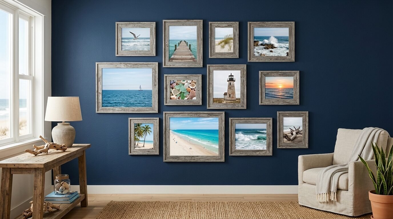 Gallery wall of coastal frames featuring lighthouses, seascapes, and beaches above a wooden console table.