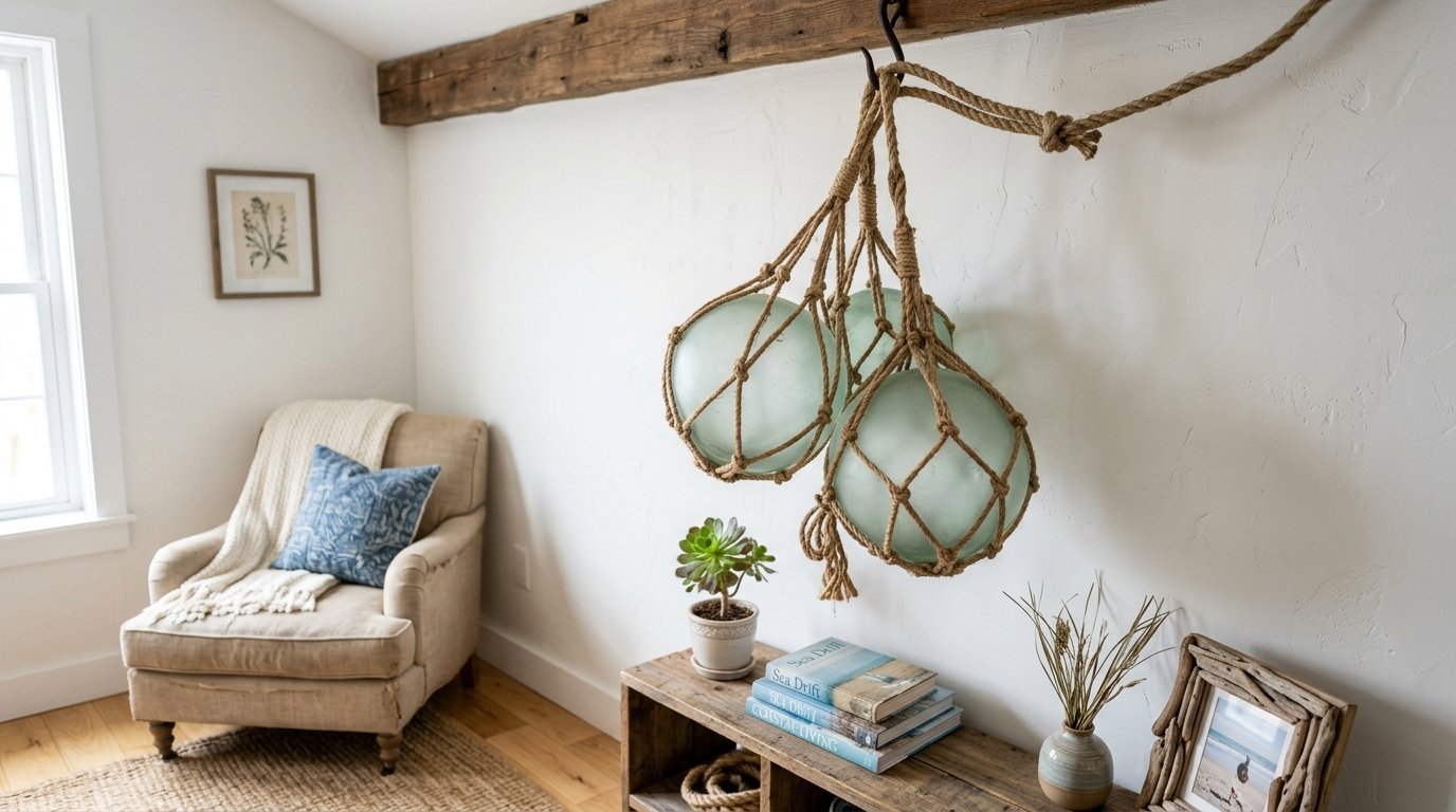 Decorative green glass buoys wrapped in netting hanging from a rustic wooden ceiling beam in a coastal style room.