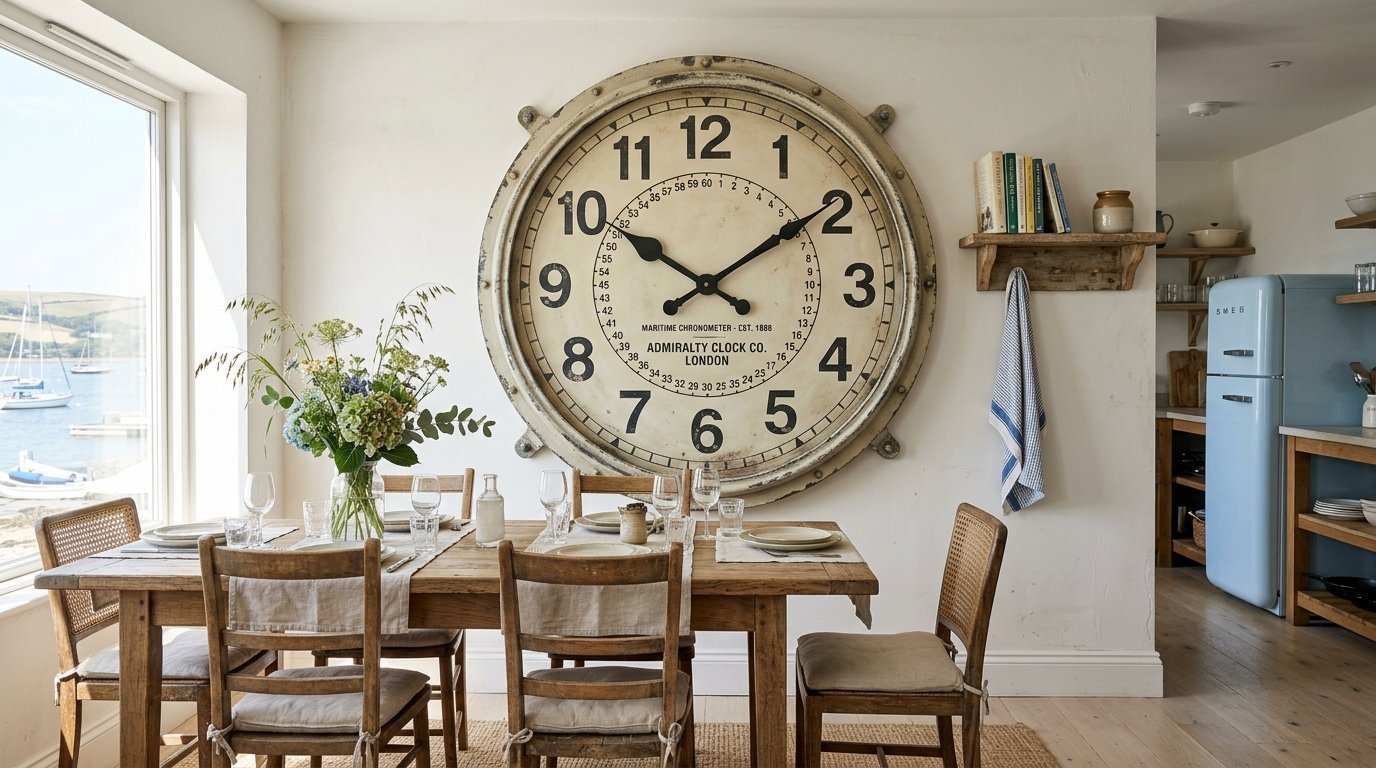 Wooden dining table set for dinner under a giant round maritime-style clock on a white wall near a harbor view.