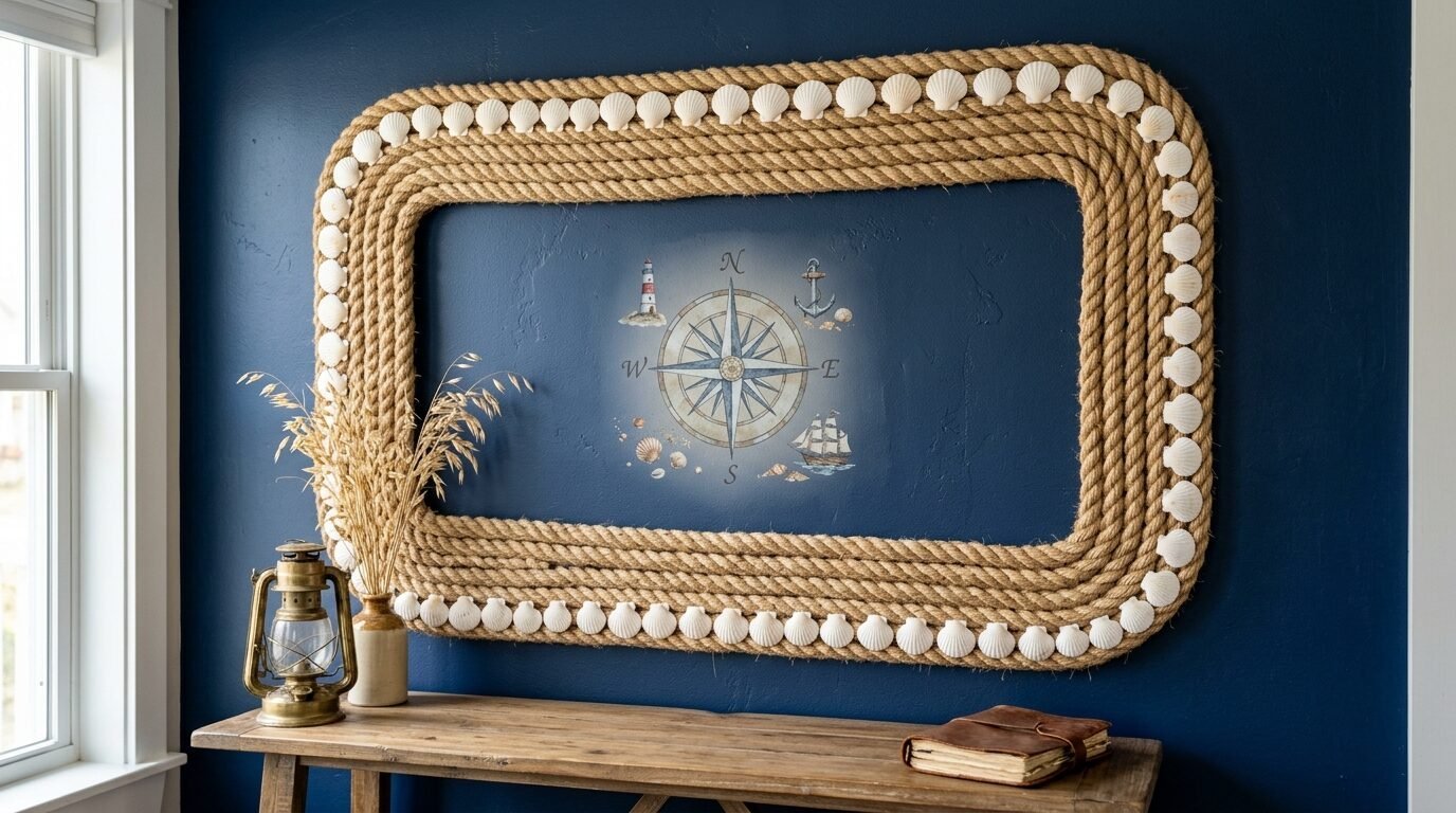 A rustic rope mirror frame adorned with small white seashells mounted on a deep navy blue wall.