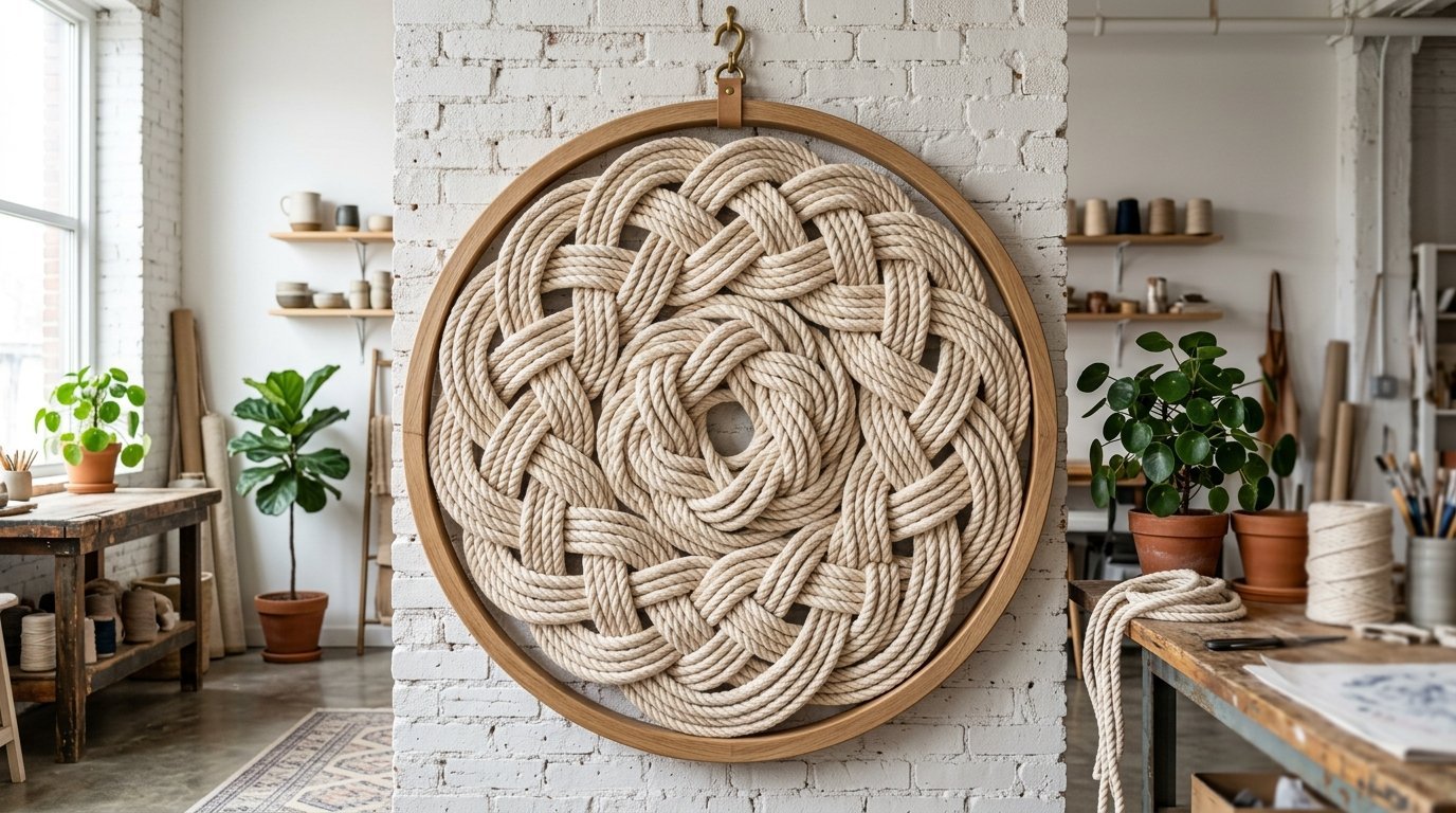 A circular wooden frame holds a complex intricate knot design made from thick off-white nautical rope.