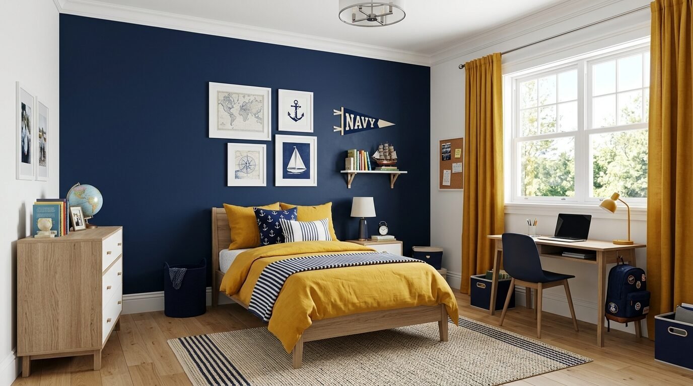 A children's bedroom with dark blue accent wall, yellow bedding, and a wooden study desk with mustard curtains.