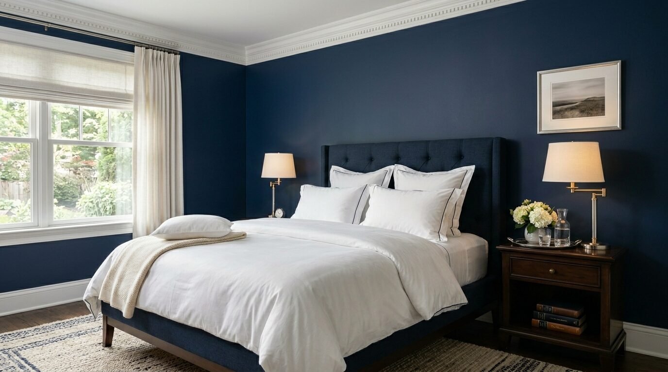 A dark blue bedroom with a tufted upholstered bed, white bedding, and a wooden nightstand with a lamp.