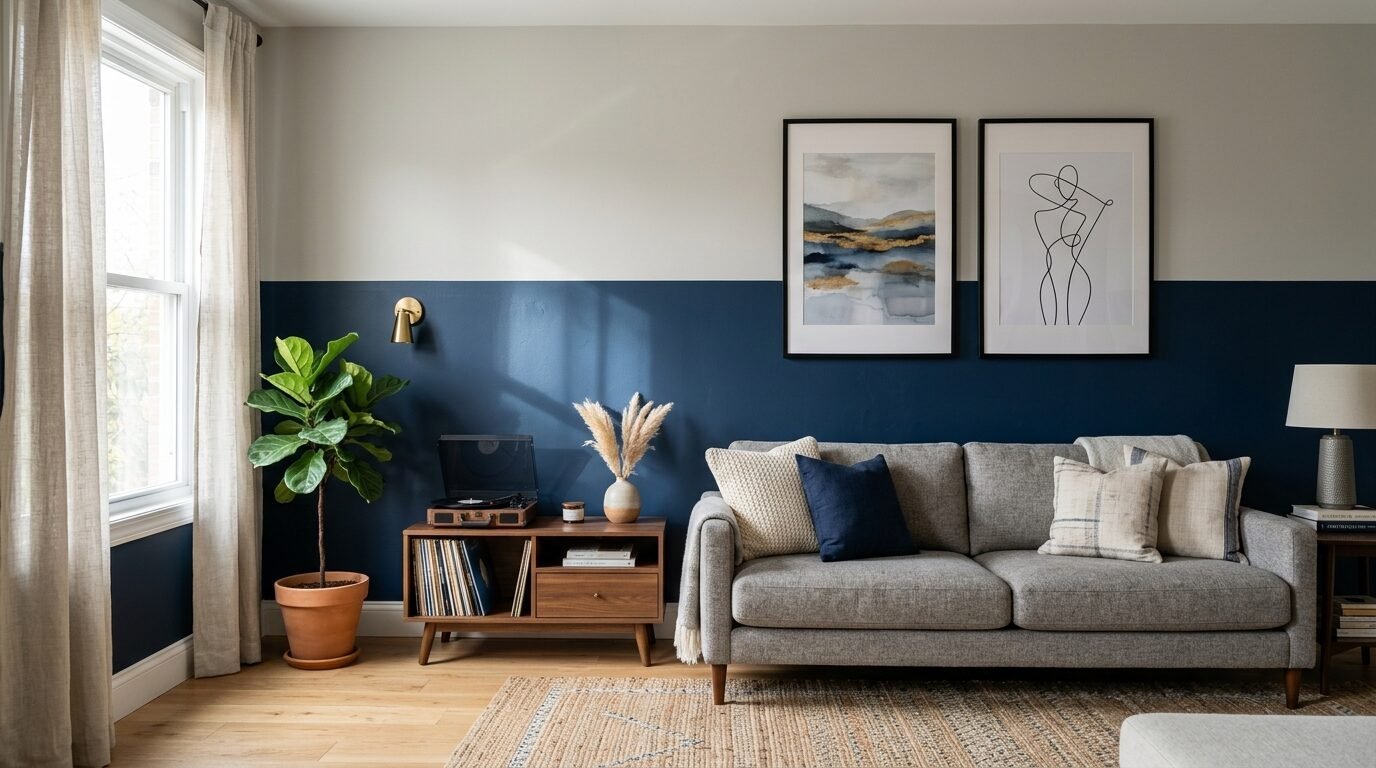 A grey couch sits against a two-toned navy and white wall with framed art, a record player, and a fiddle leaf fig plant.