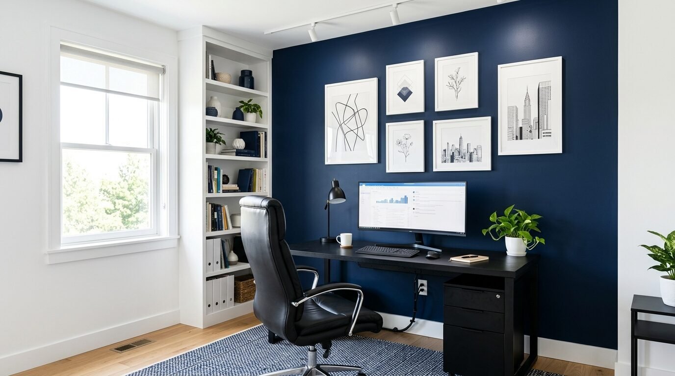 Home workspace with black desk, leather chair, bookshelf, and framed geometric art on a deep blue accent wall.