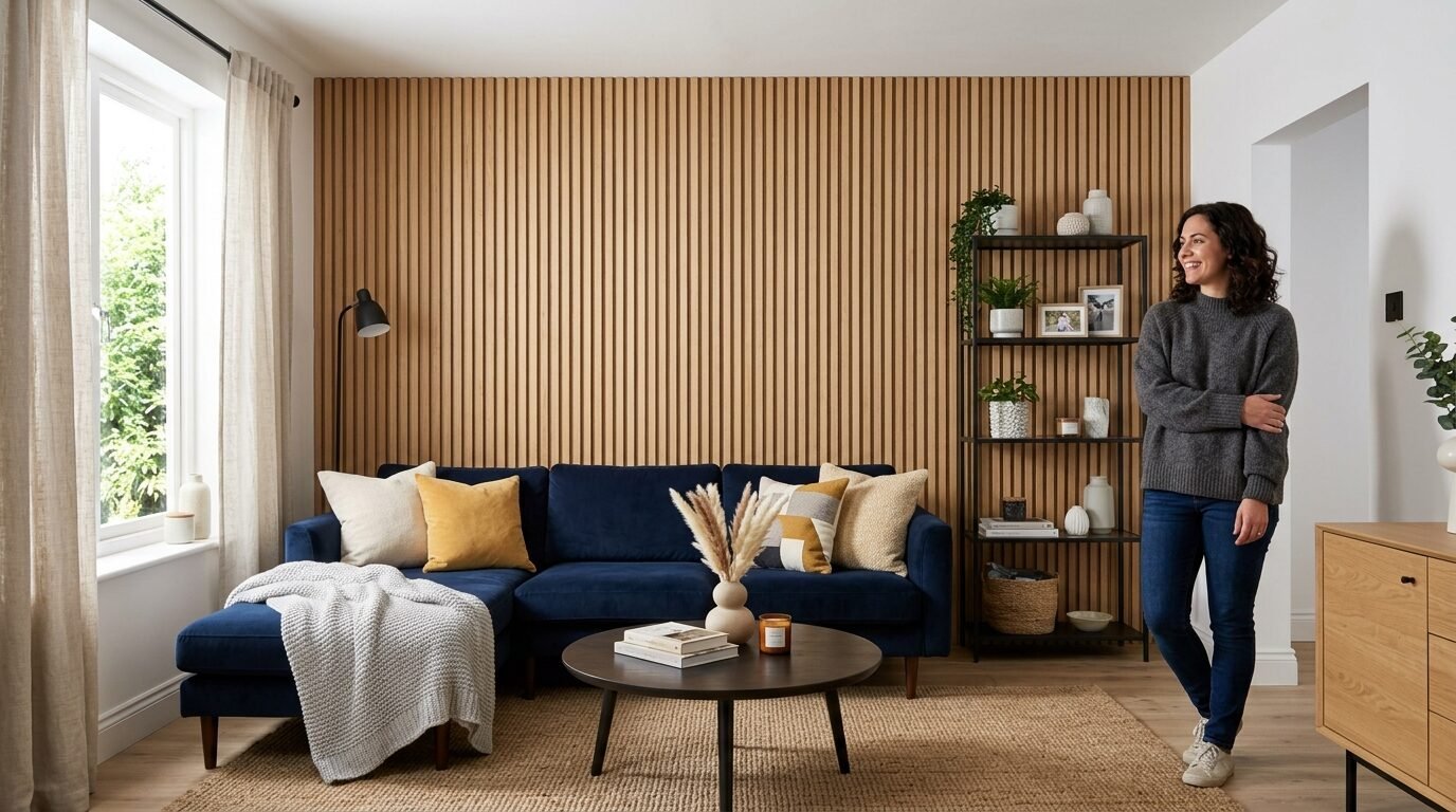 A woman stands by a navy blue sofa against a vertical wood slat wall in a modern living space.