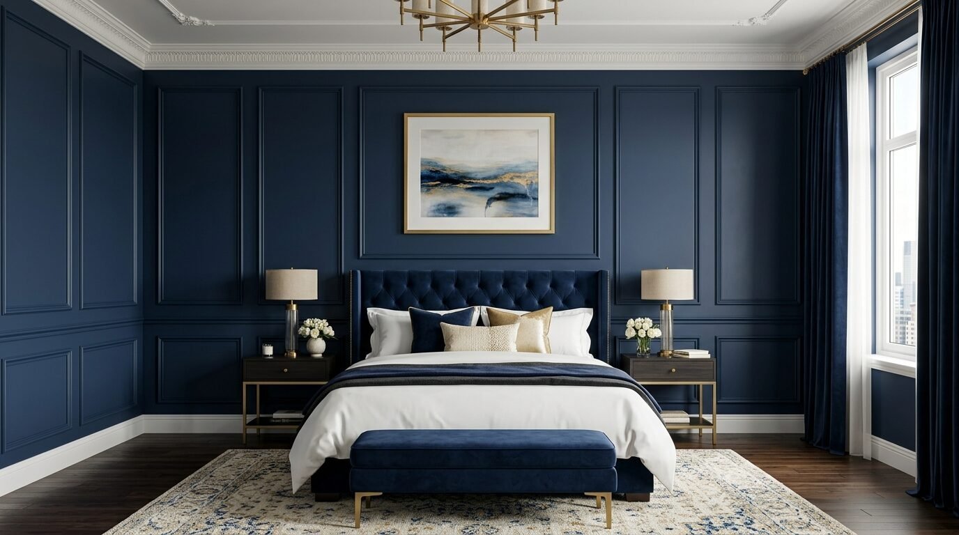 A luxurious bedroom featuring a dark blue tufted bed, navy walls with molding, and a patterned area rug.