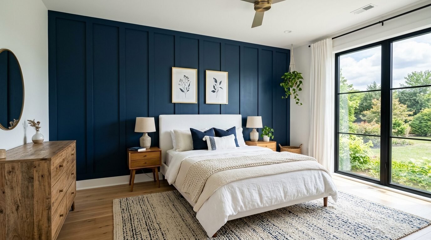 A bedroom with dark blue paneled wall, white upholstered bed, wooden dresser, and floor-to-ceiling windows.