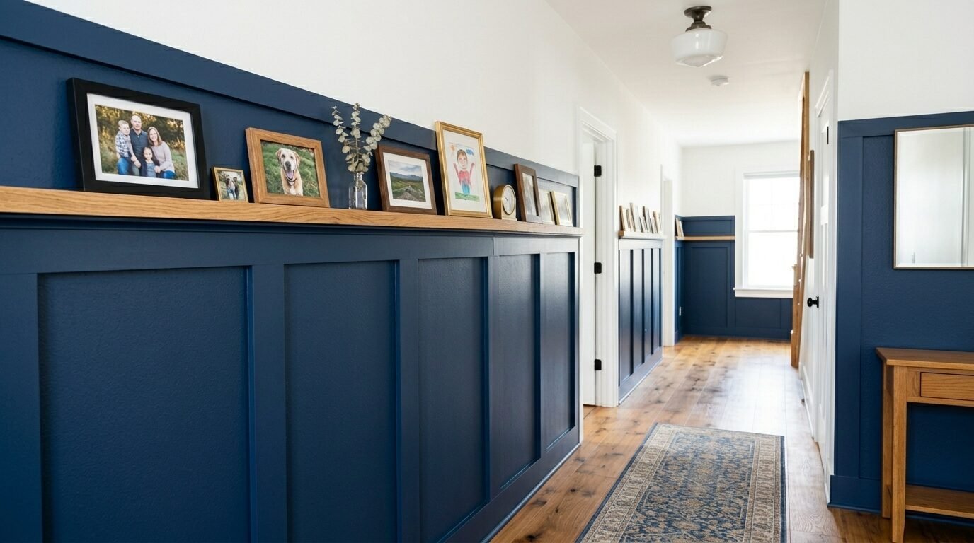 Perspective view of a corridor with navy blue paneling and a wood shelf holding family photos.
