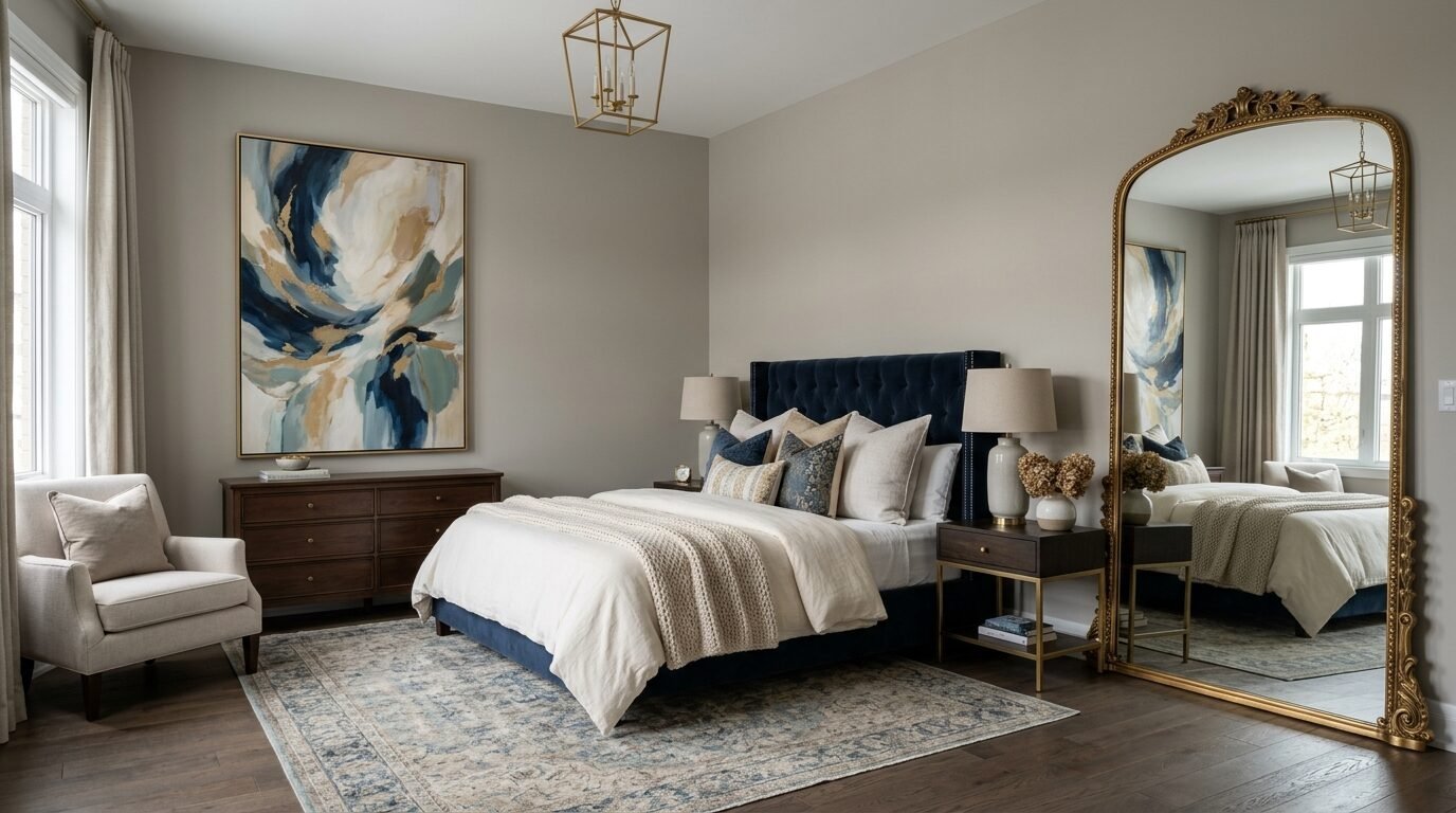 Modern bedroom with a dark blue tufted bed, large arched gold floor mirror, and abstract blue and gold wall art.