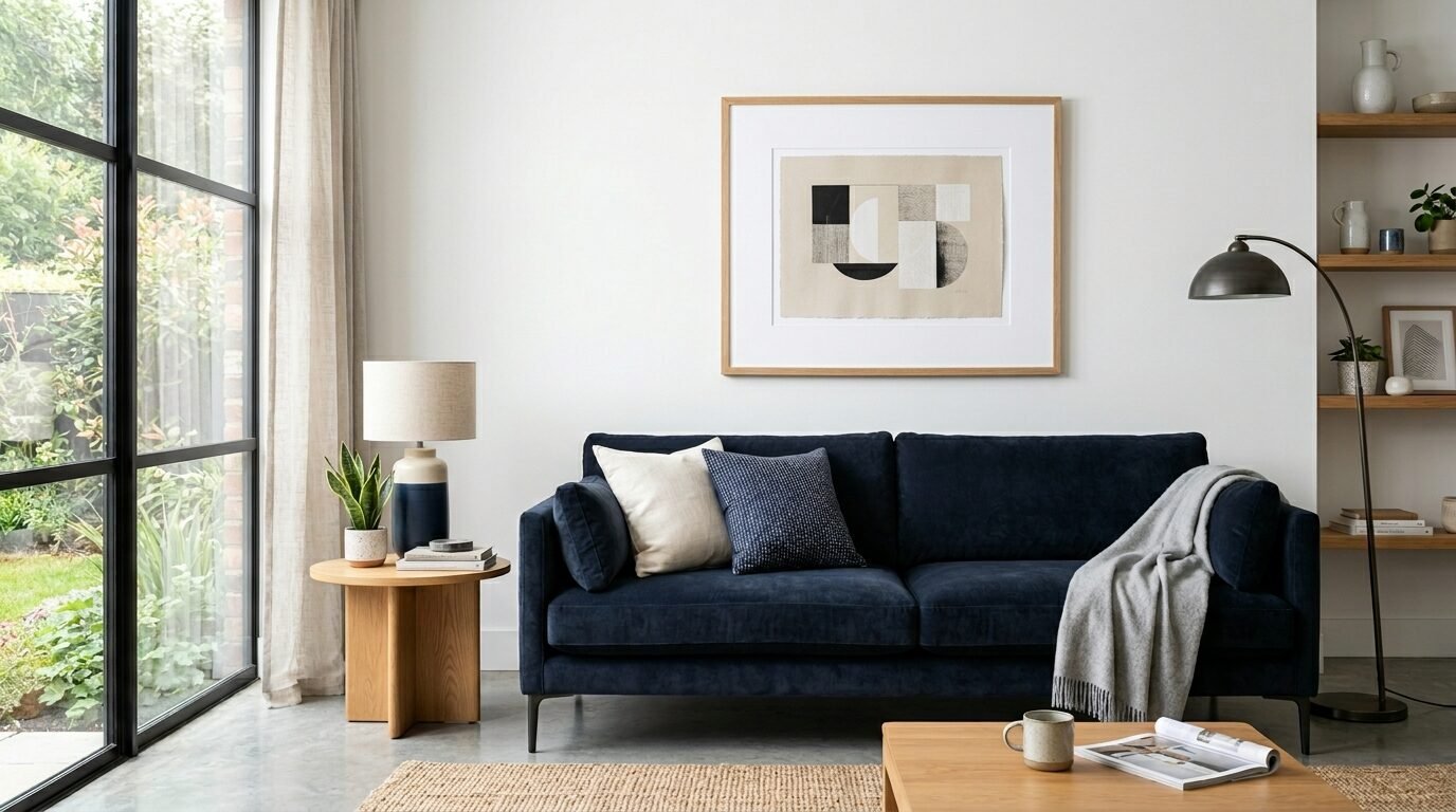 A deep blue couch with decorative pillows and a grey throw blanket sits in a sunlit room featuring wooden accents.
