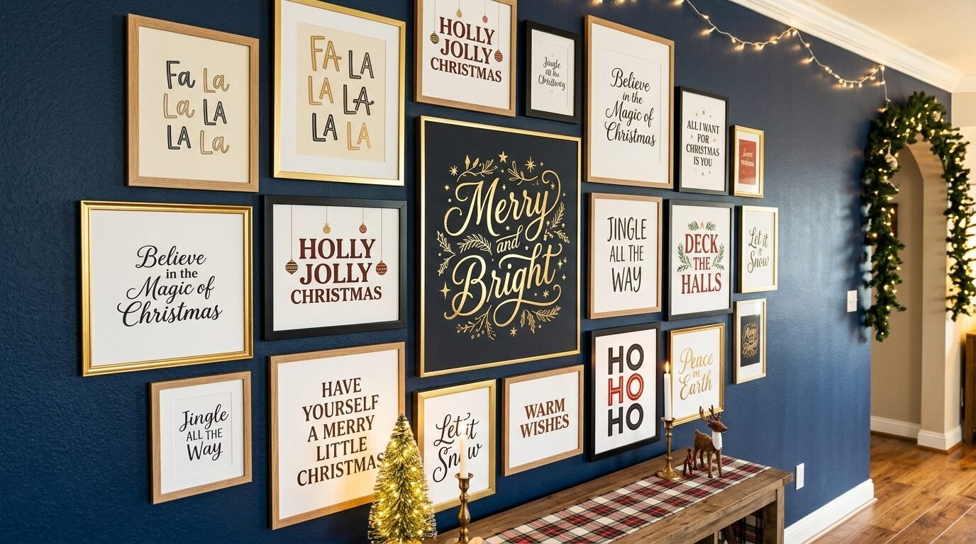 Gallery wall on a dark blue wall displaying various framed Christmas signs and festive typography prints.