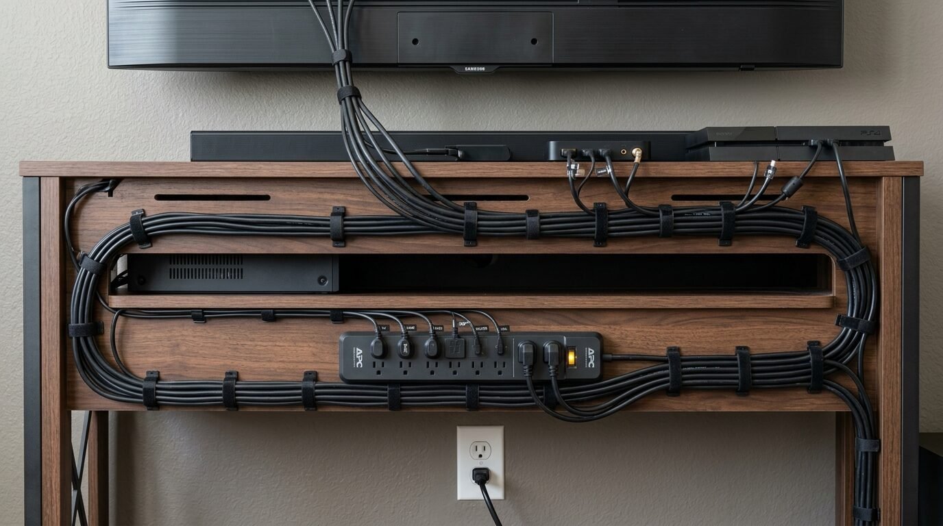 Back view of a media stand with organized black cables secured by velcro straps to a power strip.