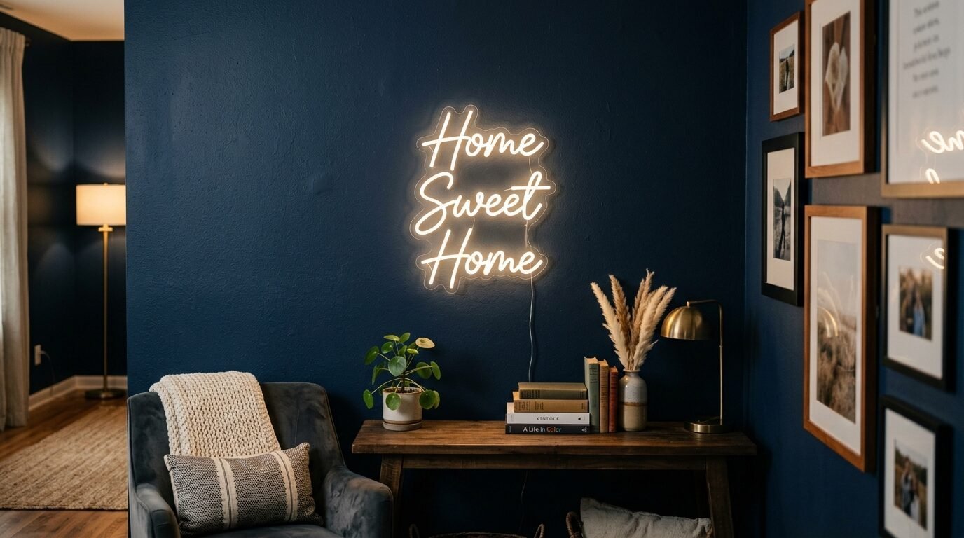 Neon light reading Home Sweet Home mounted above a wooden table with books and decor in a dark blue room.