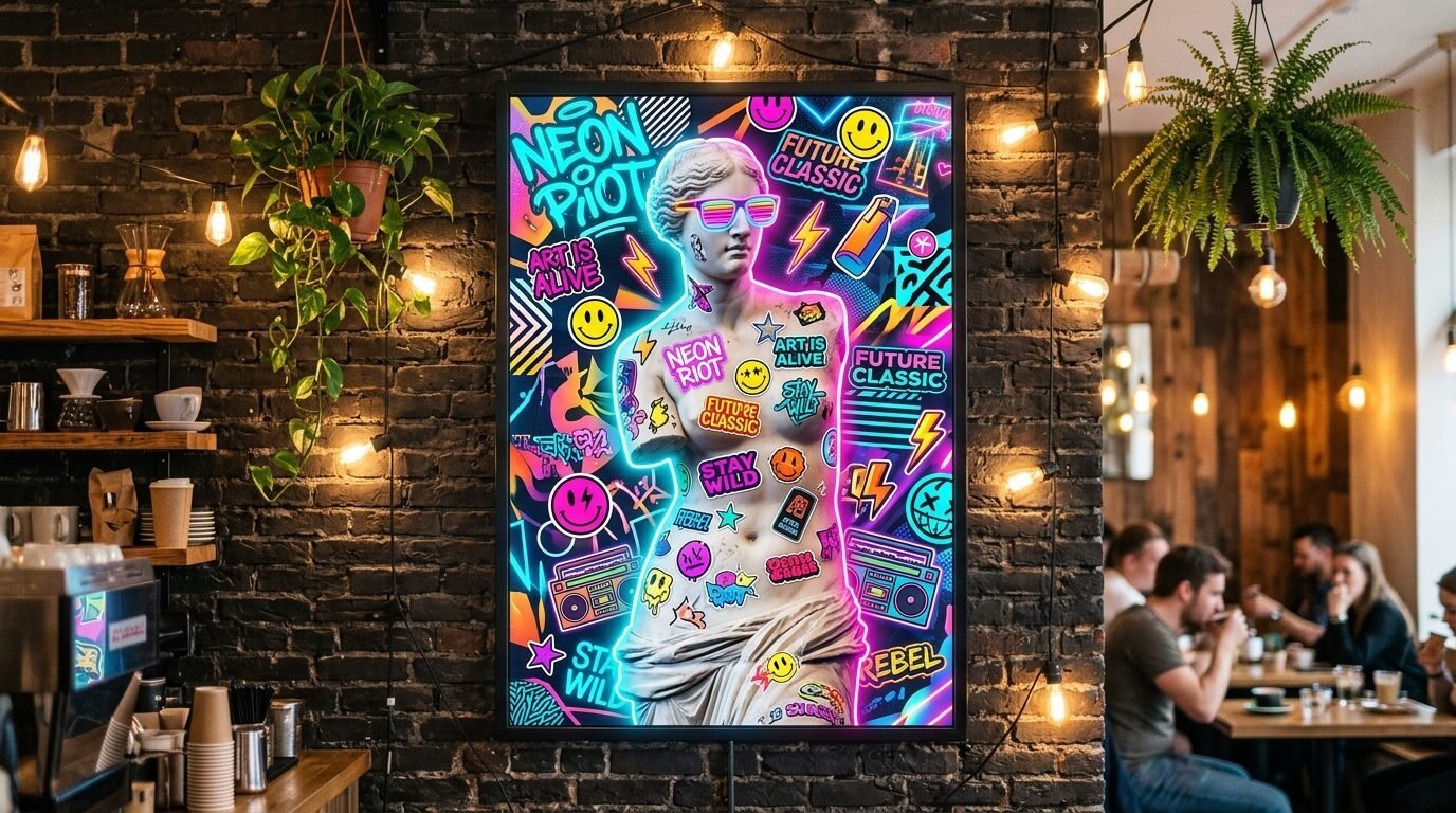A glowing poster of a Venus statue covered in pop culture stickers inside a dimly lit brick wall cafe.