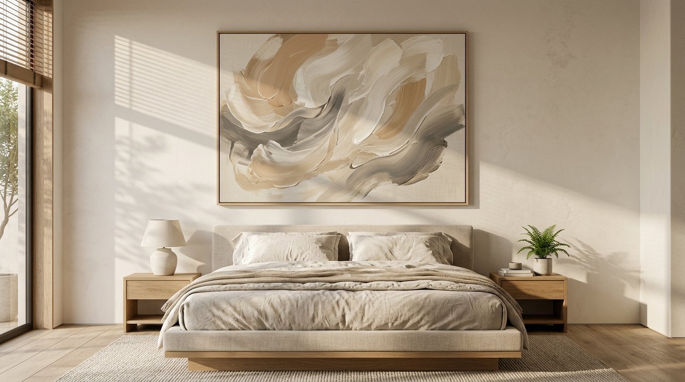 A beige and cream bedroom with a large textured abstract painting hanging over a platform bed.