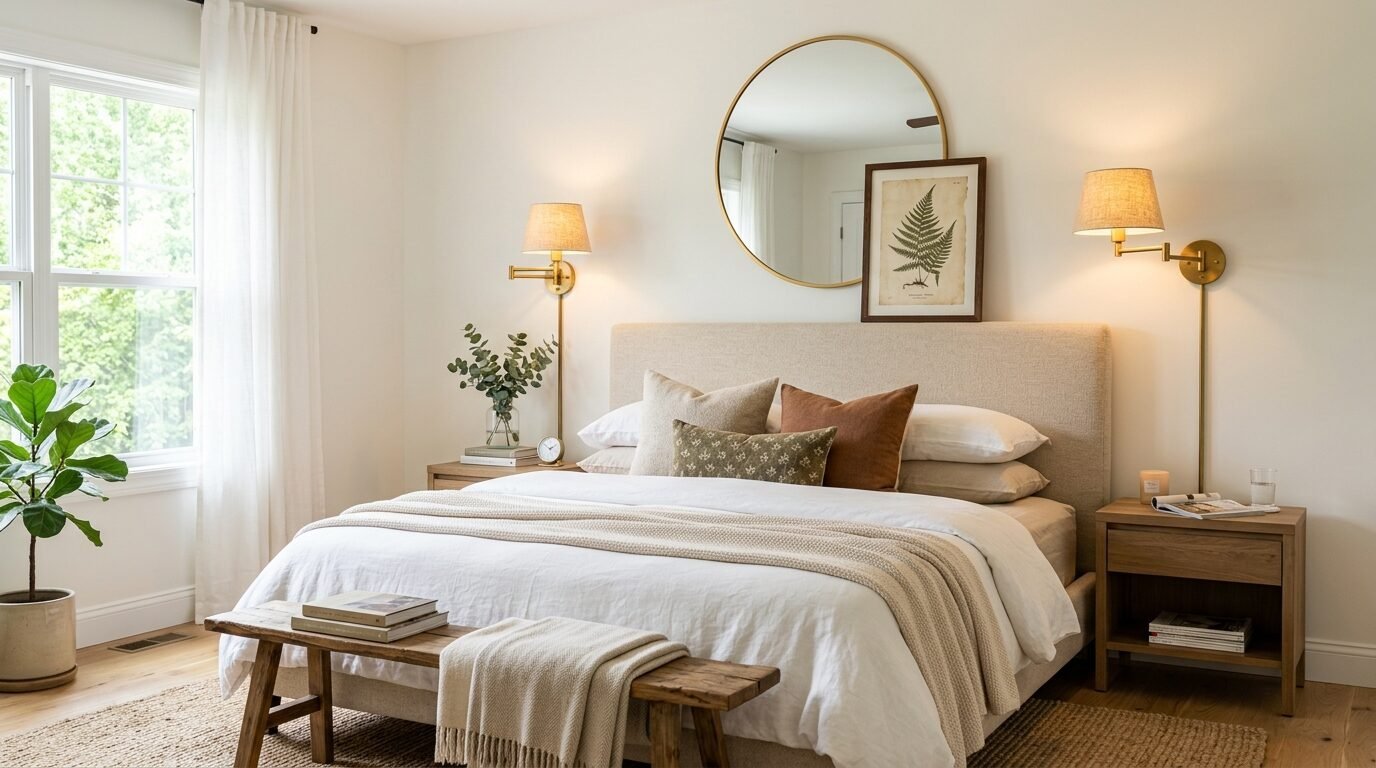 Modern bedroom with a tan upholstered bed, round gold mirror, and rustic wood bench at the foot of the bed.