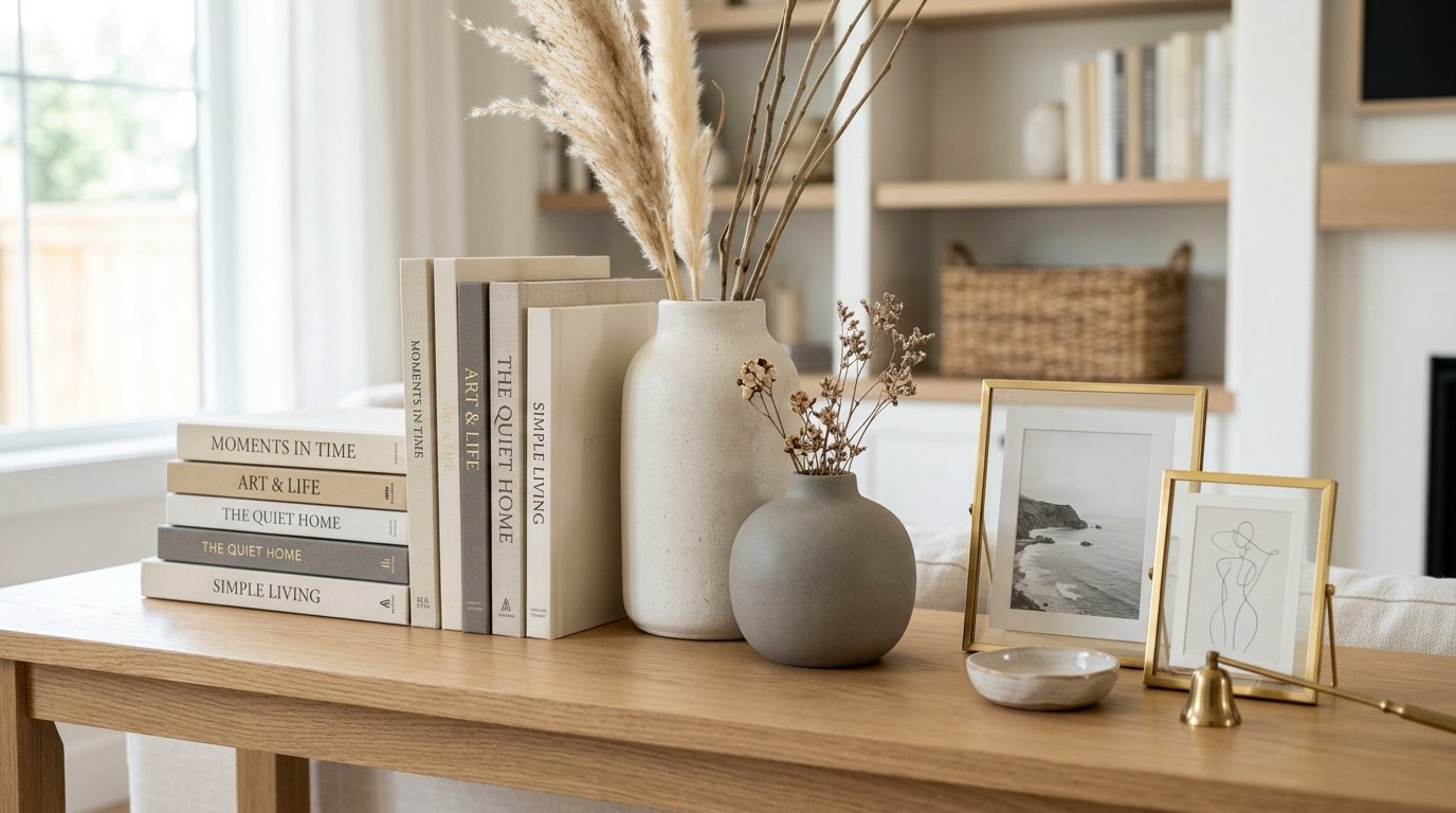 Neutral living room styling with books, ceramic vases, and small gold frames on a light wood console table.