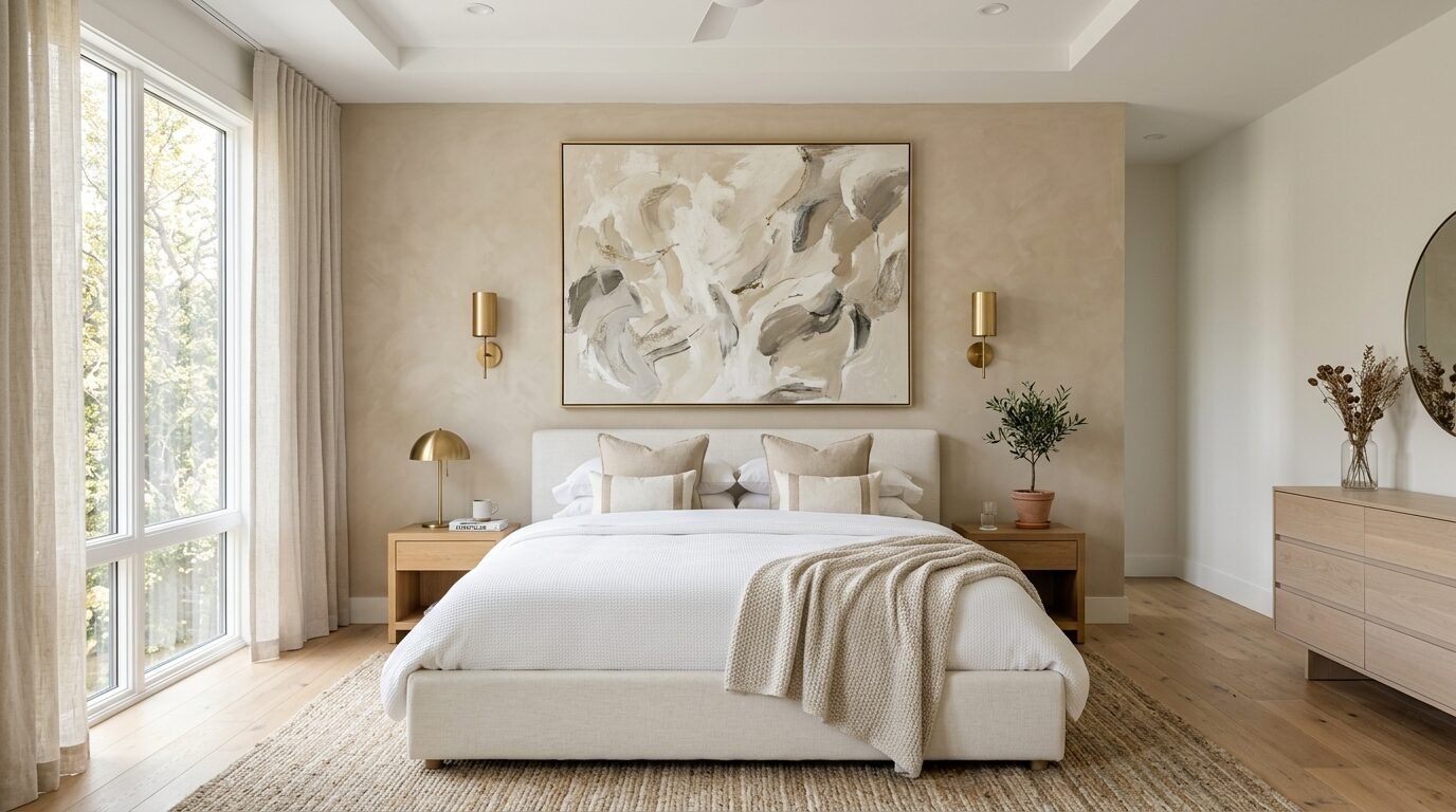 A beige bedroom featuring a white upholstered bed, textured throw blanket, and wall-mounted gold sconces.