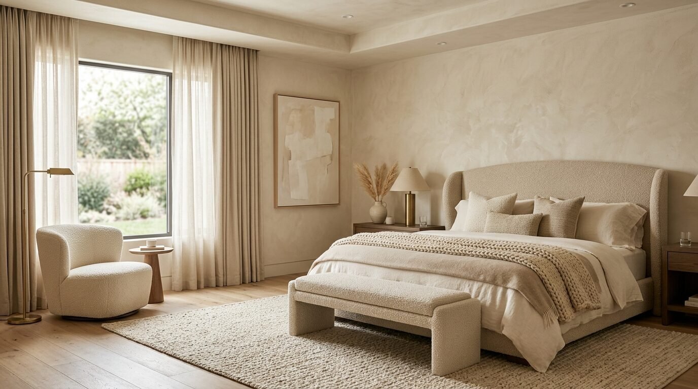 Modern bedroom with a cream bouclé bed, textured bench, and an armchair next to a window with linen curtains.