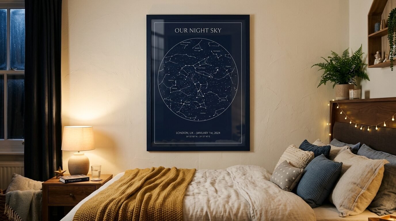A navy blue framed poster showing constellations hangs over a bed with a yellow knit blanket.