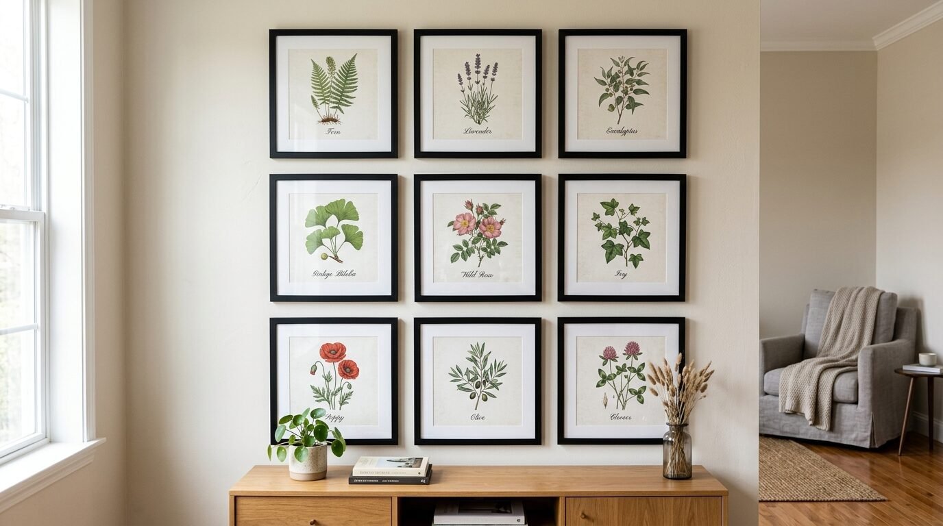 A grid of nine botanical plant illustrations in black frames hung on a beige living room wall above a wooden console.