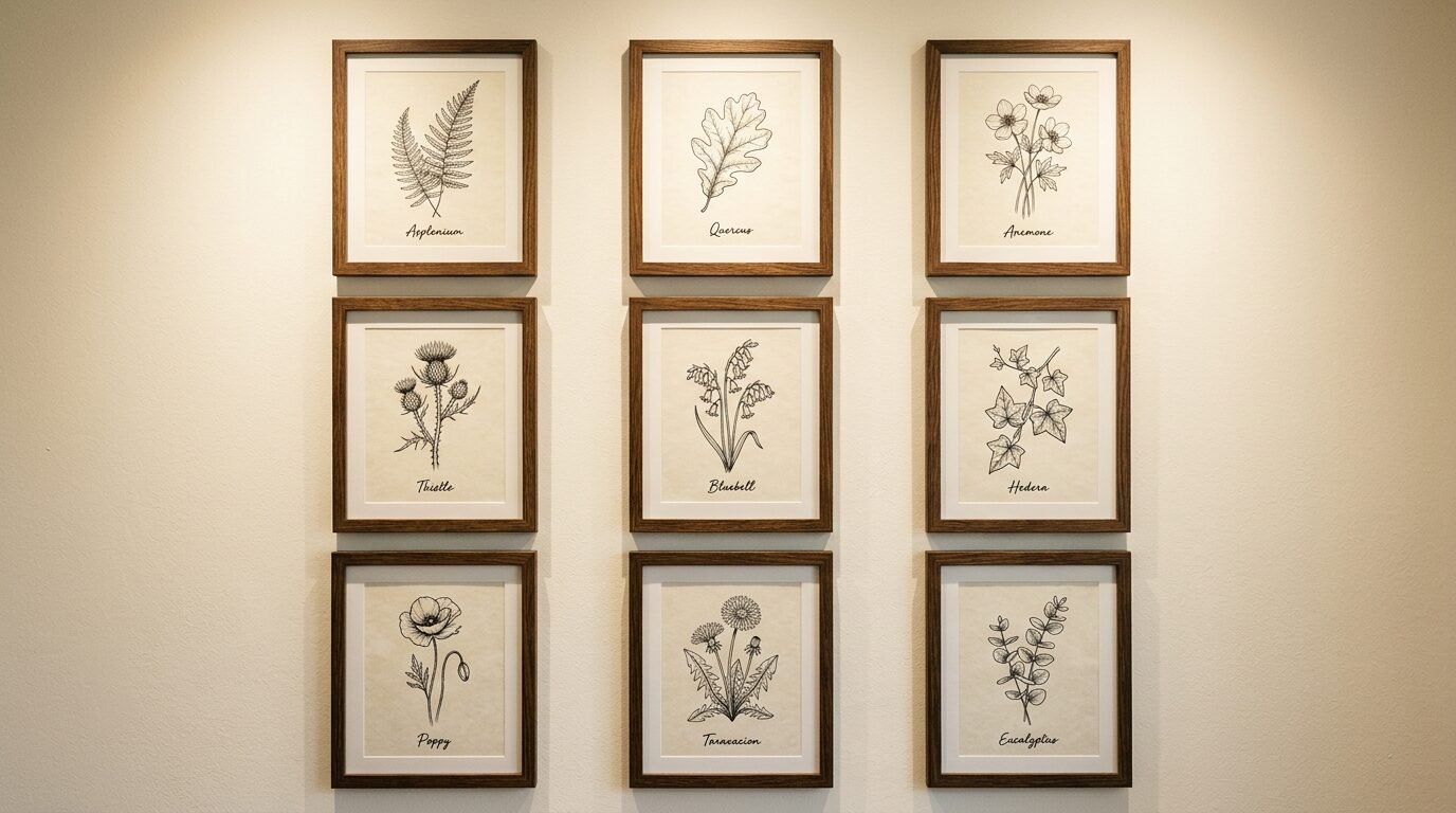 A gallery wall arrangement featuring nine framed black and white ink drawings of various plants and flowers.