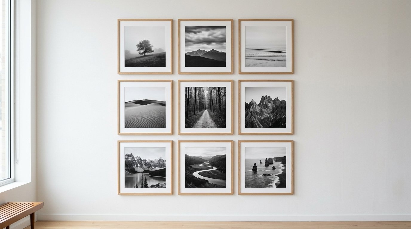 A gallery wall displaying nine square framed photographs of nature scenes in black and white.