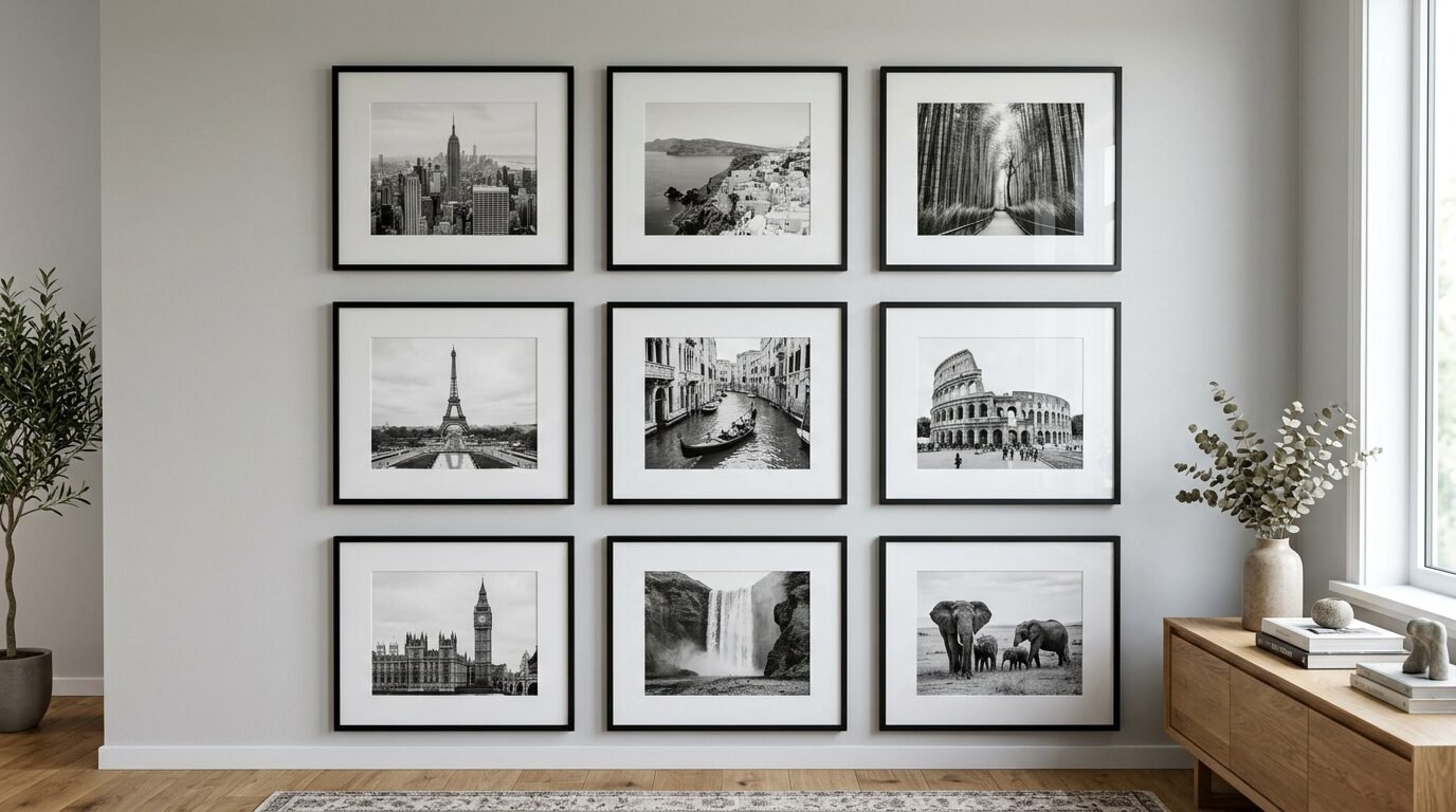 Gallery wall featuring nine framed monochrome photographs of global landmarks, nature, and wildlife.
