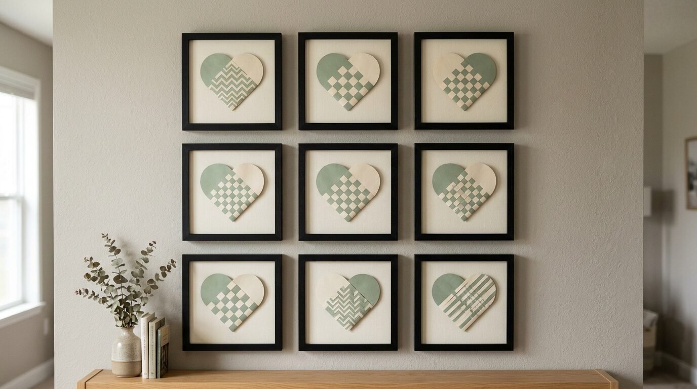 A gallery wall arrangement featuring nine matching square frames containing sage green and cream woven heart designs.