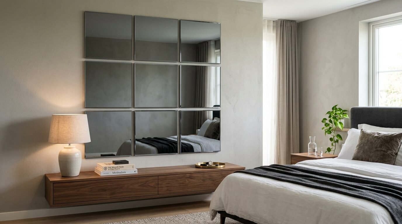 Modern bedroom featuring a nine-panel square mirror arrangement hanging over a floating wooden media cabinet.