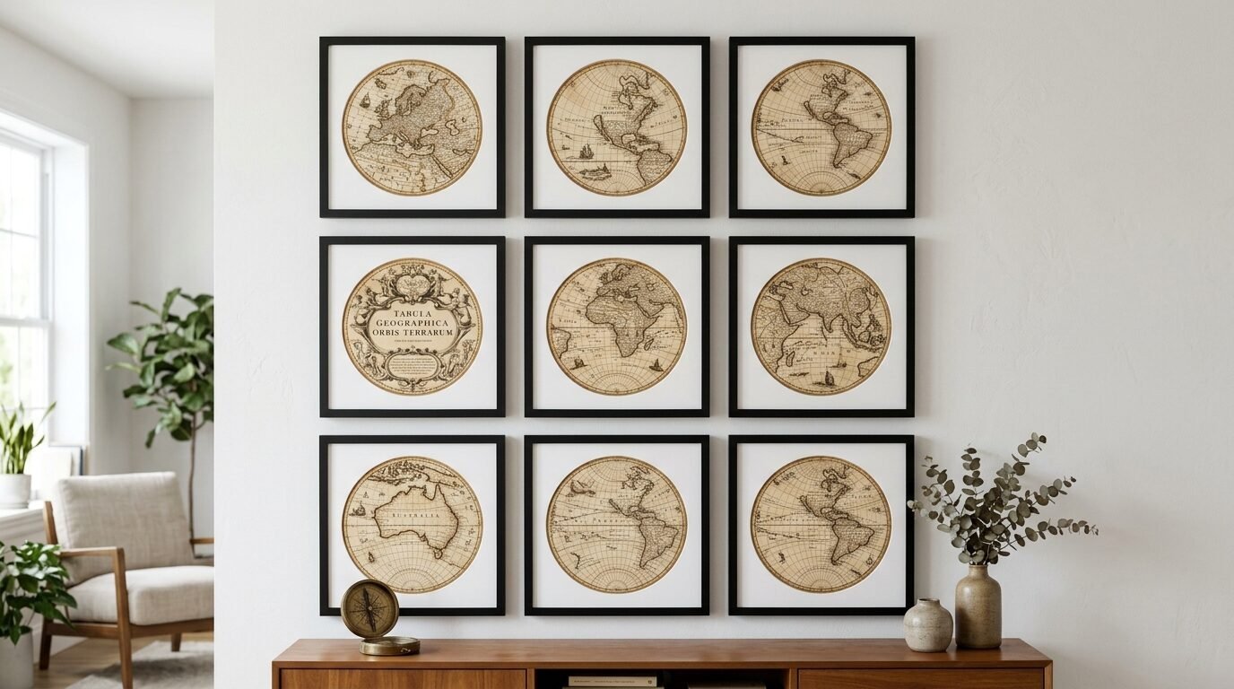 Gallery wall featuring nine framed antique-style circular maps of various continents above a wooden console table.