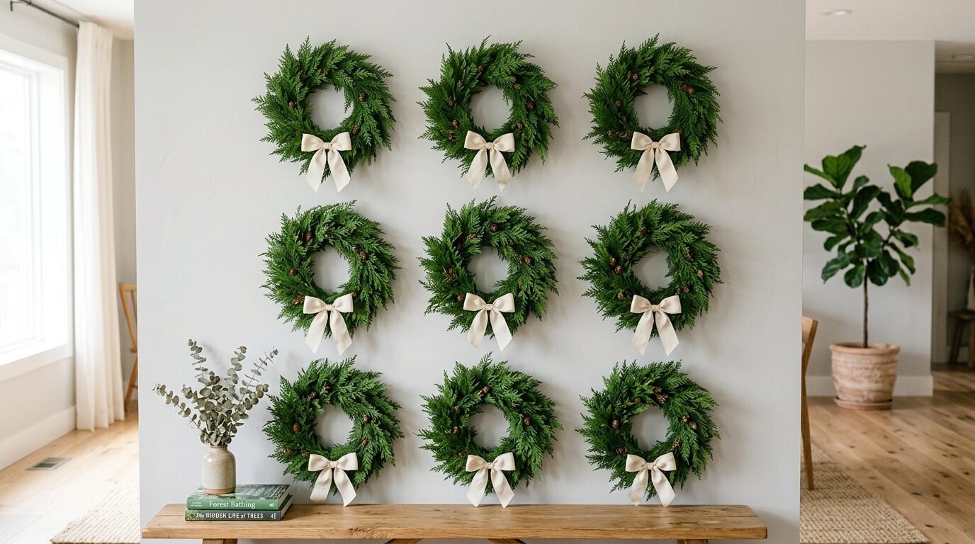 Nine identical evergreen wreaths arranged in a square grid on a light grey wall above a wooden bench.